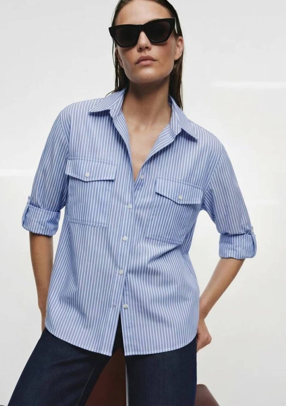 Babaton womens small blue white tab sleeve button down utility shirt blouse